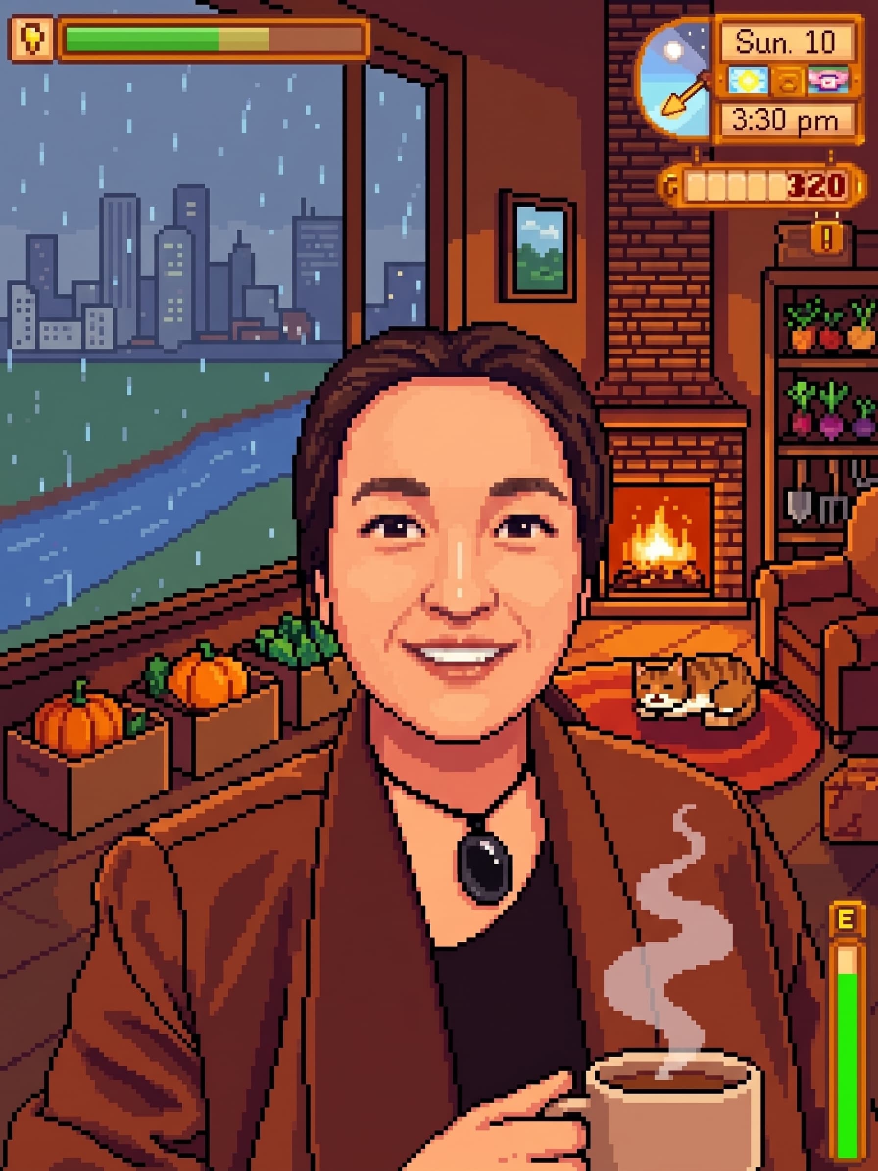 Pixel-art portrait of Qing in a cosy cottage, coffee in hand, rain on the window